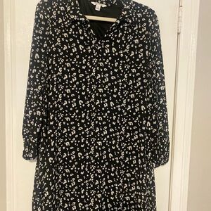 Nine West Black and White A-line Dress with Cuffed Long Sleeves